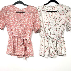 Sienna Sky Lot of 2 Wrap Floral Blouses Sz S Pink Cream Cottagecore Coquette